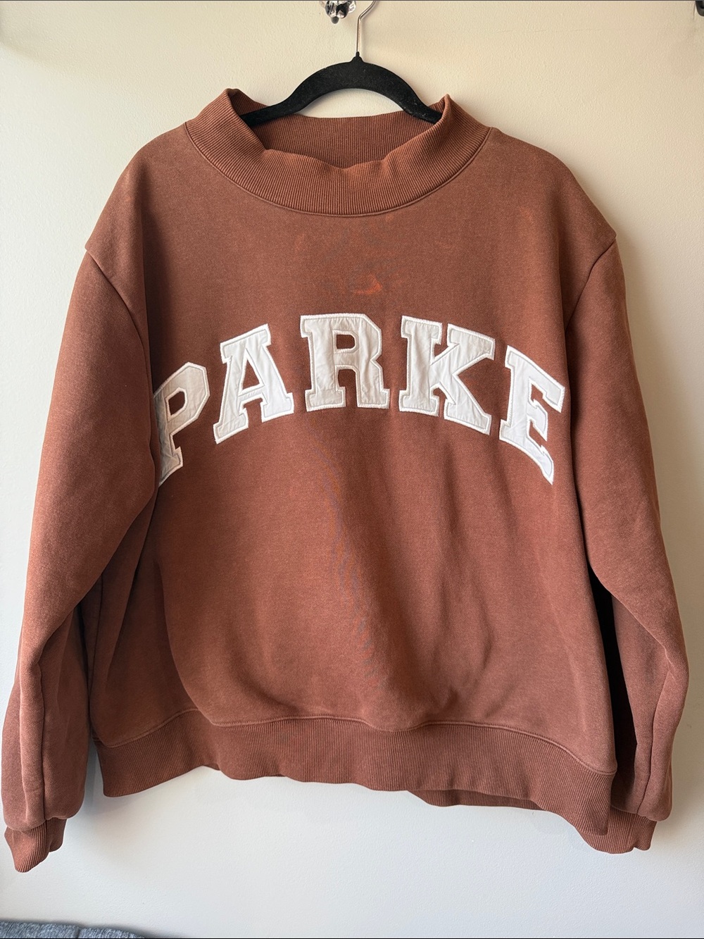 Parke Mocha Brown Women's Pullover Sweatshirt mock neck L/XL distressing